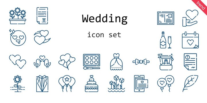 wedding icon set. line icon style. wedding related icons such as love, wedding dress, balloon, flowers, ring, balloons, wedding day, leaf, heart, flower, bow tie, wedding cake, watercolor
