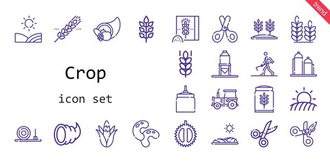 crop icon set. line icon style. crop related icons such as oat, corn, silo, chestnut, scissors, farmer hoeing, field, cereal, straw bale, tractor, beans, wheat flour