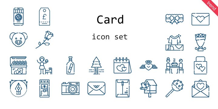 card icon set. line icon style. card related icons such as birdhouse, message in a bottle, pine tree, wedding gift, garter, bouquet, store, korean, girl, photo camera, heart, pig, cake pop