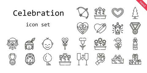 celebration icon set. line icon style. celebration related icons such as gift, native american, flowers, tree, lollipop, pilgrim, bow, heart, flower, wedding car, tulips, oil lamp, medal, baby