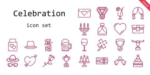 celebration icon set. line icon style. celebration related icons such as wine glass, wedding dress, wedding gift, buffalo, clover, cookies, cupid, wedding cake, wedding arch, cocktail