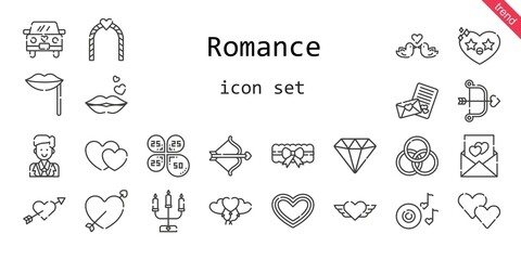 romance icon set. line icon style. romance related icons such as groom, balloons, garter, kiss, petals, heart, cupid, wedding car, diamond, lips, romantic music, rings