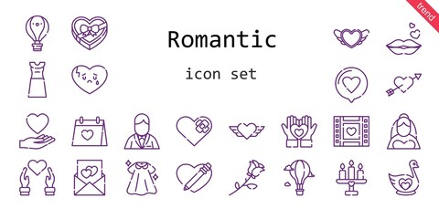 Obraz premium romantic icon set. line icon style. romantic related icons such as bride, love, dress, groom, swan, broken heart, wedding day, wedding video, kiss, heart, cupid, hot air balloon, candle