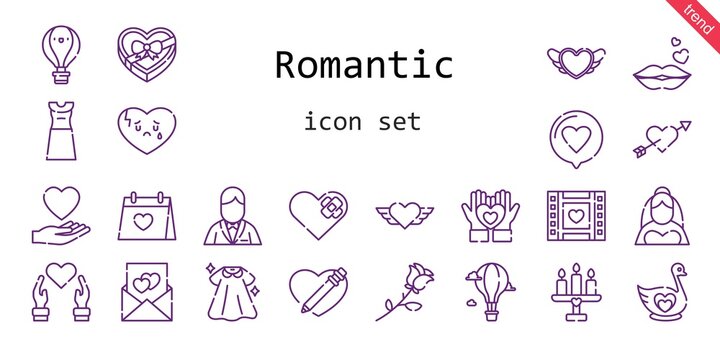 romantic icon set. line icon style. romantic related icons such as bride, love, dress, groom, swan, broken heart, wedding day, wedding video, kiss, heart, cupid, hot air balloon, candle