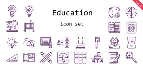 education icon set. line icon style. education related icons such as calculator, aristotle, zoom in, set square, paper clip, idea, planet, volley, certificate, notepad, ideas, brain, locker, skills