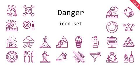 Fototapeta na wymiar danger icon set. line icon style. danger related icons such as shield, meteorites, fire extinguisher, storm, cutlery, lifesaver, hose, landslide, flood, filter, tsunami, global warming, signs