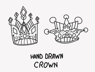 Hand drawn doodle Crown icons, mockup with black outlines for graphic design. Crown for king or queen, medieval tiara sketch. Cartoon crown symbols for emblem and decoration