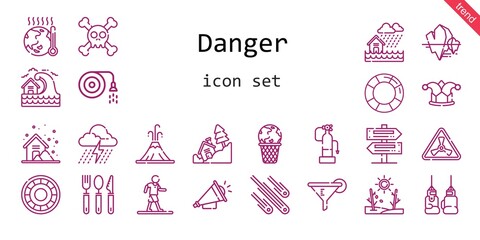 Fototapeta premium danger icon set. line icon style. danger related icons such as shield, meteorites, fire extinguisher, storm, cutlery, lifesaver, hose, landslide, flood, filter, tsunami, global warming, signs