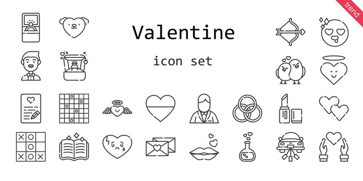valentine icon set. line icon style. valentine related icons such as love, groom, engagement ring, ring, broken heart, lipstick, kiss, heart, love potion, cupid, wedding car, spellbook, rings, in love