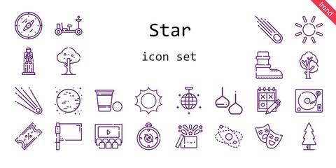 star icon set. line icon style. star related icons such as magic, flag, ticket, turntable, planet, tree, mirror ball, sun, trial, asteroid, theatre, moon rover, astronaut, moon, light, compass