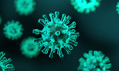 Coronavirus 2019-ncov flu outbreak, covid-19 3d green color banner illustration, microscopic view of floating influenza virus cells