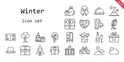 winter icon set. line icon style. winter related icons such as gift, pine tree, scarf, christmas tree, tree, dinner, cloudy, mountain, walrus, postcard, champagne, letterbox, hat, cabins, gifts,