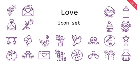 love icon set. line icon style. love related icons such as wedding dress, gender, candy, balloons, birch, feeder, swan, swans, teacher, rings, dove, love birds, love letter, share, rose, family