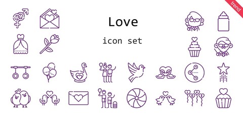 Obraz premium love icon set. line icon style. love related icons such as wedding dress, gender, candy, balloons, birch, feeder, swan, swans, teacher, rings, dove, love birds, love letter, share, rose, family