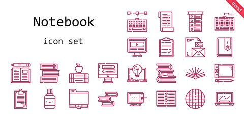 notebook icon set. line icon style. notebook related icons such as keyboard, ftp, book, monitor, correction fluid, laptop, list, clipboard, computer, books, graphic tablet, open book, paper
