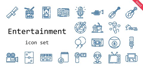 entertainment icon set. line icon style. entertainment related icons such as recorder, balloons, popcorn, wheel, television, degree, video camera, camcorder, cassette, air hockey, clapperboard