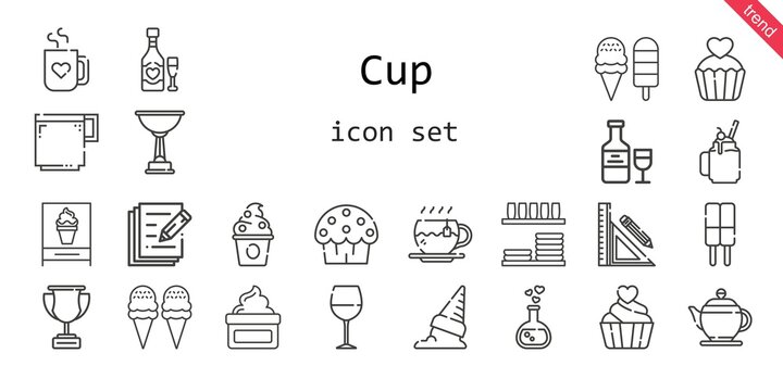 cup icon set. line icon style. cup related icons such as smoothie, wine glass, cup cake, dinnerware, teapot, cream, love potion, frozen yogurt, tea, ice cream, coffee cup, stationery, trophy, write