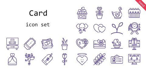 card icon set. line icon style. card related icons such as gift, wedding dress, monkey, shop, ticket, swan, branch, heart, picture, cupid, id card, cake, price tag, plant, hearts, hotel, vector, rose