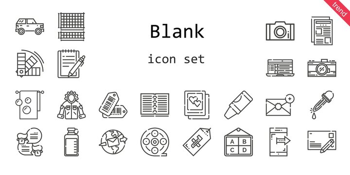blank icon set. line icon style. blank related icons such as newspaper, crayon, smartphone, color, notepad, photo, jacket, bottle, eyedropper, laptop, photo camera, picture, film reel, tags