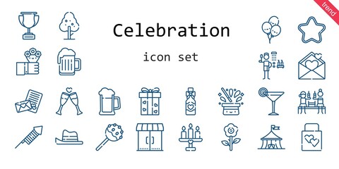 celebration icon set. line icon style. celebration related icons such as gift, shower, flowers, star, wedding gift, balloons, tree, fireworks, cake pop, flower, toast, cocktail, candle, love letter