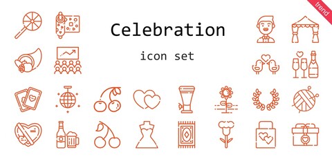 celebration icon set. line icon style. celebration related icons such as laurel, gift, cherry, wedding dress, groom, cards, wedding gift, lollipop, wrapping, mirror ball, flower, ball, wedding arch