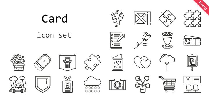 card icon set. line icon style. card related icons such as parking, rain, ticket, plane ticket, tree, photo, bouquet, trick, decorative, id card, bank, security, carts, puzzle, hearts, love letter