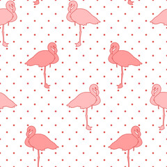 pink flamingos on polka dots repetitive background. simple birds. vector seamless pattern. baby fabric swatch. wrapping paper. continuous print. design element for home decor, apparel, textile, cloth