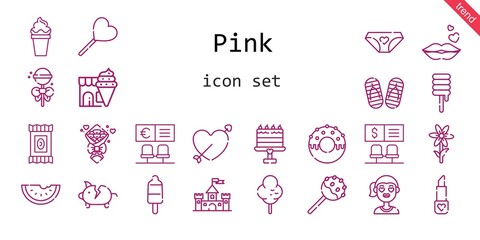 pink icon set. line icon style. pink related icons such as cotton candy, castle, panties, piggy bank, candy, bouquet, lollipop, lipstick, girl, kiss, popsicle, flower, cake pop, cupid, bank