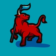 Bull mascot logo design vector with modern illustration concept style for badge, emblem and t shirt printing. Bull carrying a flag