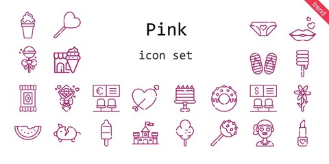 Fototapeta na wymiar pink icon set. line icon style. pink related icons such as cotton candy, castle, panties, piggy bank, candy, bouquet, lollipop, lipstick, girl, kiss, popsicle, flower, cake pop, cupid, bank