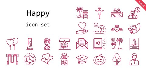 happy icon set. line icon style. happy related icons such as love, audiobook, modeling, pilot, balloons, mortarboard, tree, message, employee, cookies, scarecrow, heart, jumping rope
