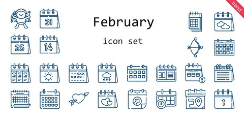 february icon set. line icon style. february related icons such as calendar, cupid, valentines day,