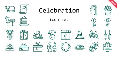 celebration icon set. line icon style. celebration related icons such as gift, cake slice, shower, cocktails, tree, ox, necklace, pilgrim, trick, branch, flower, gold, cake, marriage, boxing, medal