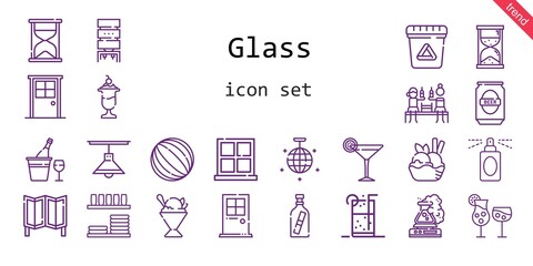 glass icon set. line icon style. glass related icons such as waste, door, message in a bottle, soft drink, cocktails, room divider, dinnerware, lamp, water dispenser, mirror ball, perfume, ball
