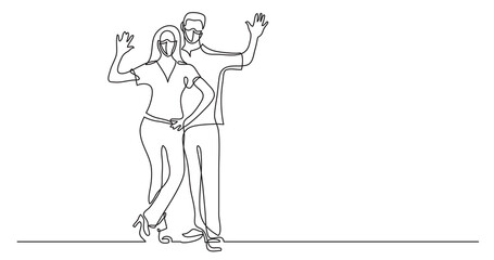 continuous line drawing of happy couple waving hello wearing face masks