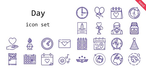 day icon set. line icon style. day related icons such as calendar, love, woman, balloons, wedding day, air force, wake up, clock, conserve, saving, environment, romantic music, party hat, earth