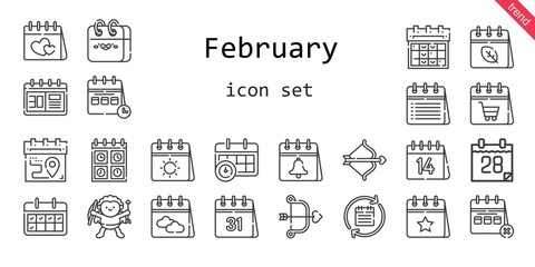 february icon set. line icon style. february related icons such as calendar, cupid, valentines day,