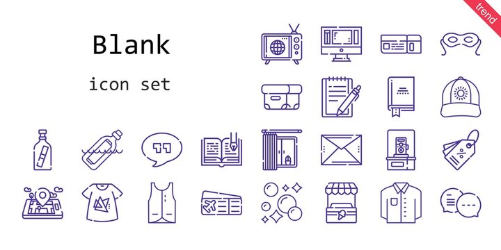 blank icon set. line icon style. blank related icons such as tv, message in a bottle, eye mask, plane ticket, vest, book, notepad, monitor, box, bottle, photo camera, quotes, cap, shirt, open book