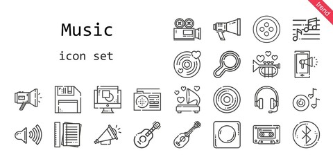 music icon set. line icon style. music related icons such as megaphone, note, compact disc, notes, headphones, video camera, diskette, graphic design, cassette, guitar, radio, ukelele
