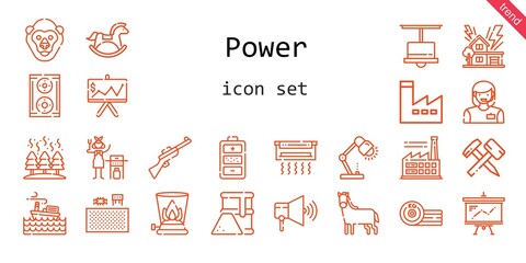 power icon set. line icon style. power related icons such as factory, gorilla, components, woman, storm, hammer, fuel, lamp, battery, presentation, horse, speaker, gas, boxing, air conditioner, fire