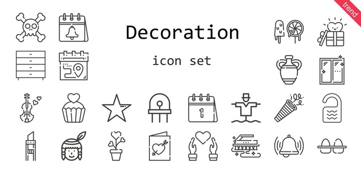 decoration icon set. line icon style. decoration related icons such as calendar, native american, brush, gift, eggs, confetti, violin, star, cutter, vase, bell, scarecrow, room, heart, plant