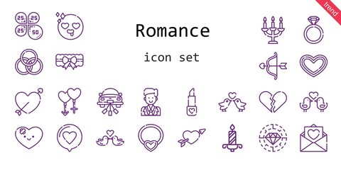 romance icon set. line icon style. romance related icons such as love, couple, groom, engagement ring, garter, broken heart, necklace, lipstick, petals, heart, cupid, wedding car, diamond, in love