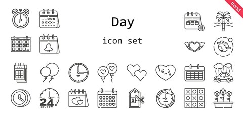 day icon set. line icon style. day related icons such as calendar, rain, balloon, balloons, broken heart, clock, heart, environment, tulips, 24 hours, price, tic tac toe, beach, time