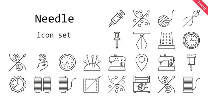 needle icon set. line icon style. needle related icons such as sewing box, needles, vaccine, hook, pin, sewing machine, thimble, wool ball, sewing