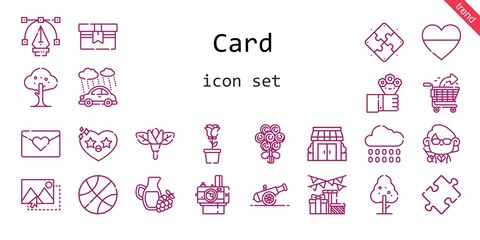 card icon set. line icon style. card related icons such as gift, rain, image, flowers, stores, cannon, tree, bouquet, photo camera, heart, flower, basketball, teacher, puzzle