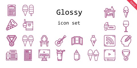 glossy icon set. line icon style. glossy related icons such as wine glass, calculator, video player, mirror, candy, pencil, rss feed, shelf, guitar, dressing table, ice cream, medal, fax,
