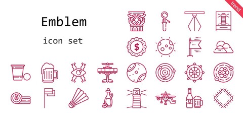 emblem icon set. line icon style. emblem related icons such as flag, scoop, tennis ball, lighthouse, column, flags, badminton, label, atoms, patch, vision, mountain, moon, hook, beer pong, airplane