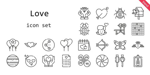 love icon set. line icon style. love related icons such as birdhouse, balloon, bench, candy, balloons, ladybug, lollipop, girl, petals, heart, cupid, wedding planning, diamond, venus, in love