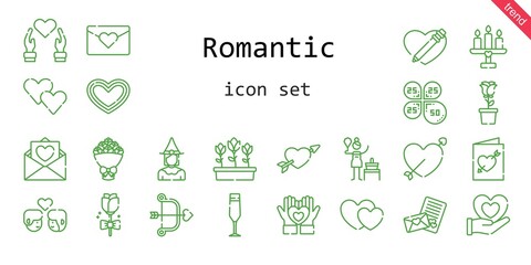 romantic icon set. line icon style. romantic related icons such as couple, birch, bouquet, petals, heart, champagne glass, cupid, tulips, candle, hearts, love letter, witch, rose, wedding invitation,
