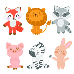 animals kids: lion, zebra, fox, pig, racoon, bunny
